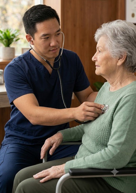 Male doctor examining an elderly female patient with a stethoscope at RxDx Clinics.
