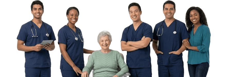 Diverse team of RxDx healthcare professionals smiling with a senior female patient.