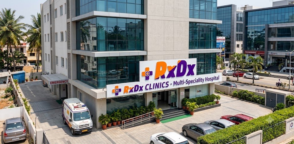 Front view of the RxDx Electronic City clinic branch.