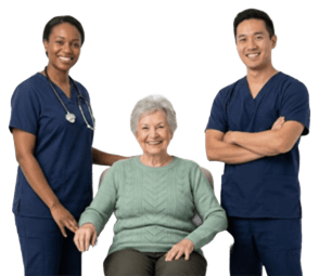 Diverse team of RxDx healthcare professionals smiling with a senior female patient.