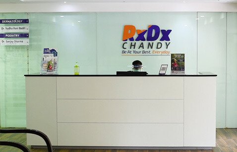 Entrance view of the RxDx Clinics branch at Chandy.